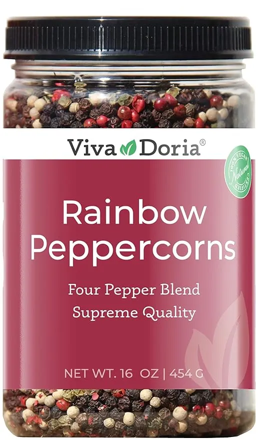 Viva Doria Rainbow Blend Peppercorn, Steam Sterilized Whole Black Pepper, Whole Green Pepper, Whole Pink Pepper, Whole White Pepper, 16 Oz, For Grinder Refill