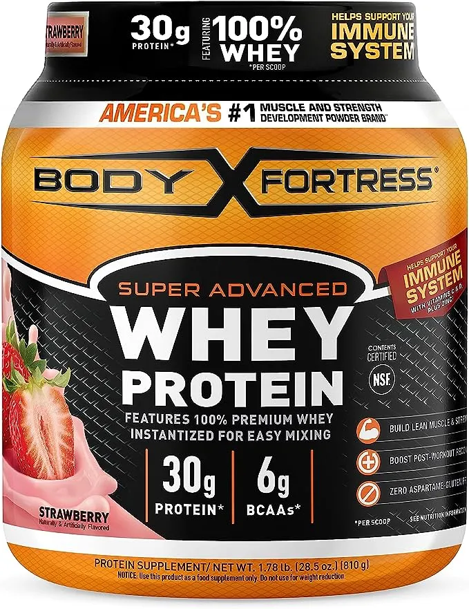 Body Fortress Super Advanced Whey Protein Powder, Strawberry, 1.78 lb