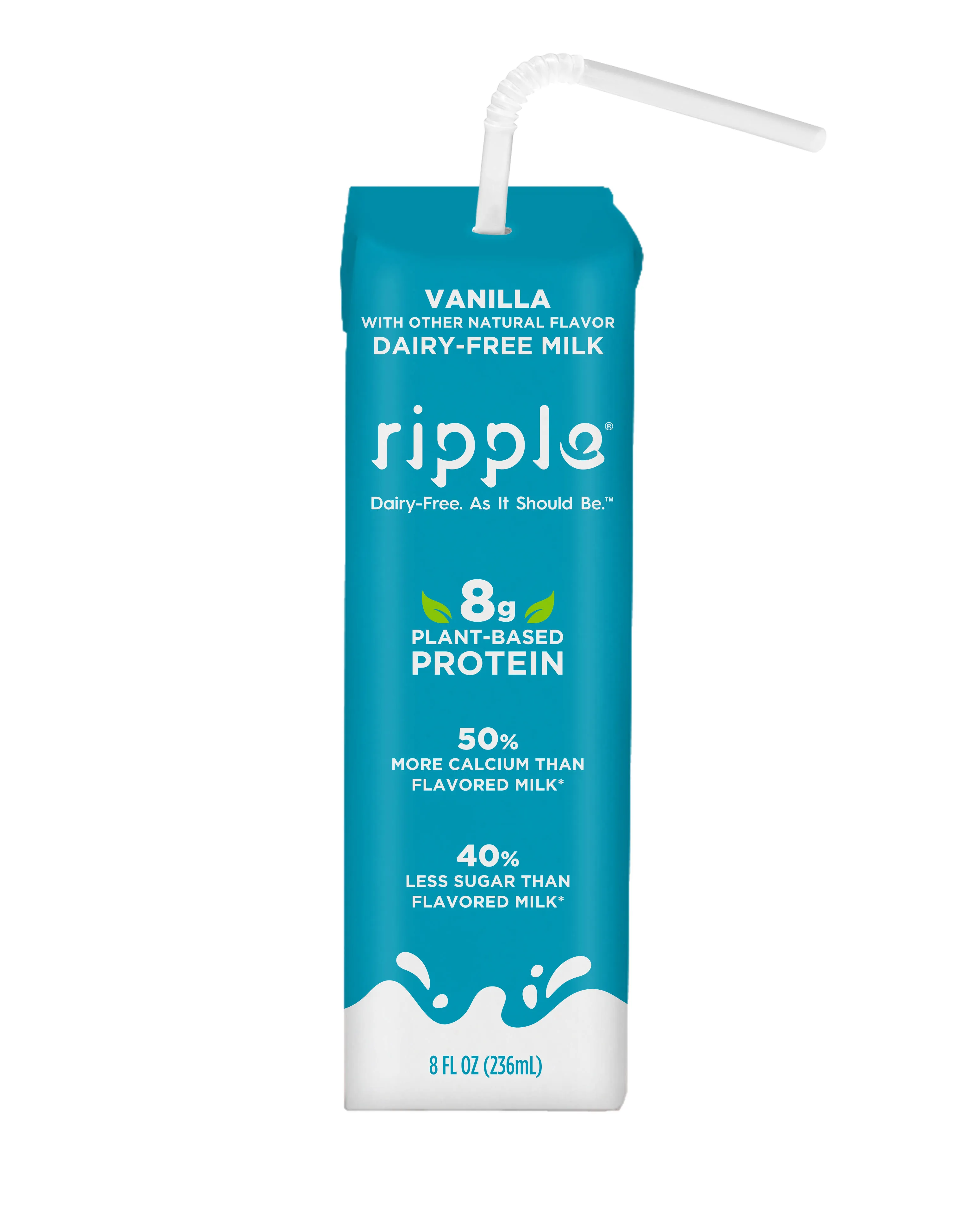 Ripple Non-Dairy Milk, Vanilla | Vegan Milk With 8g Pea Protein | Shelf Stable Single Serve Cartons | On-The-Go | Non-GMO, Plant Based, Gluten Free | 8 oz (Pack of 12)