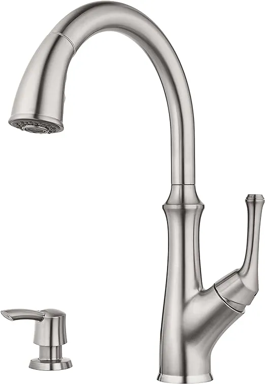 Pfister Tamera Kitchen Faucet with Pull Down Sprayer and Soap Dispenser, Single Handle, High Arc, Stainless Steel Finish, F5297TAS