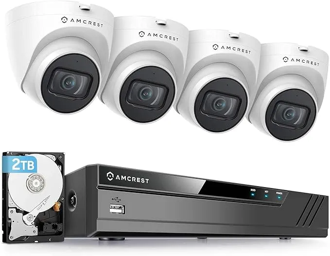 Amcrest 4K POE Security Camera System with 4K 8Ch PoE NVR (4) x 4K (8 Megapixel) Turret IP POE Cameras (3840x2160) Pre Installed 2TB Hard Drive NV4108E-IP8M-T2599EW4-2TB