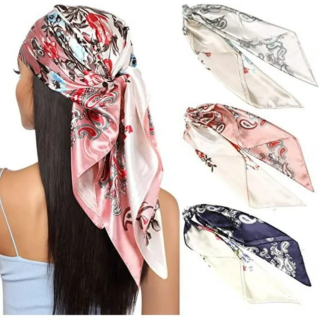 AWAYTR 35” Large Square Satin Head Scarf - 3Pcs Satin Hair Scarves Silk Bandana Scarf Headscarf Silk Feeling Scarf for Women