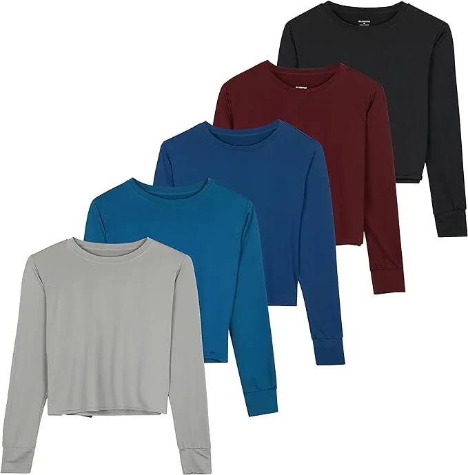 Real Essentials 5 Pack: Women's Dry Fit Crop Top - Long Sleeve Crew Neck Stretch ...