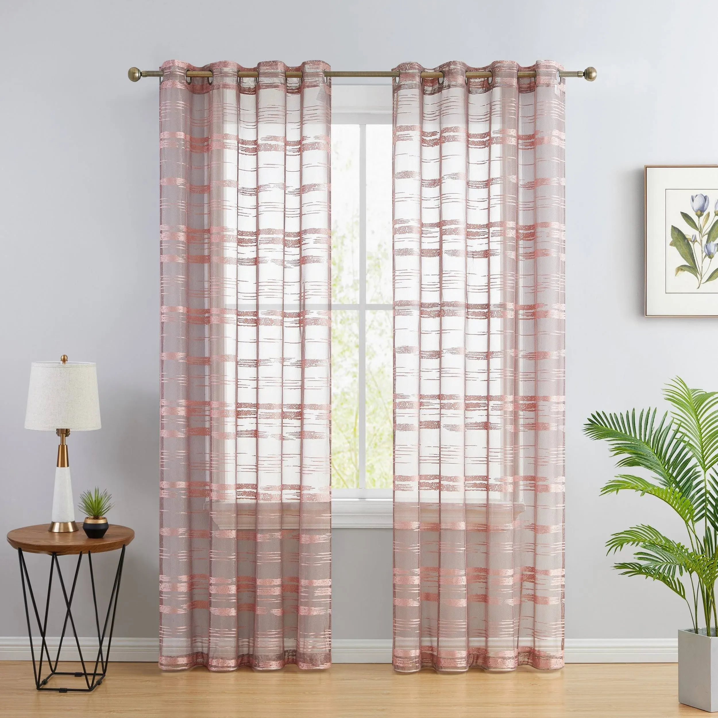 HLC.ME Broadway Stripe Decorative Sheer Light Filtering Grommet Window Treatment Curtain Drapery Panels for Bedroom & Living Room - Set of 2 Panels (54 x 84 inches Long, Beige)