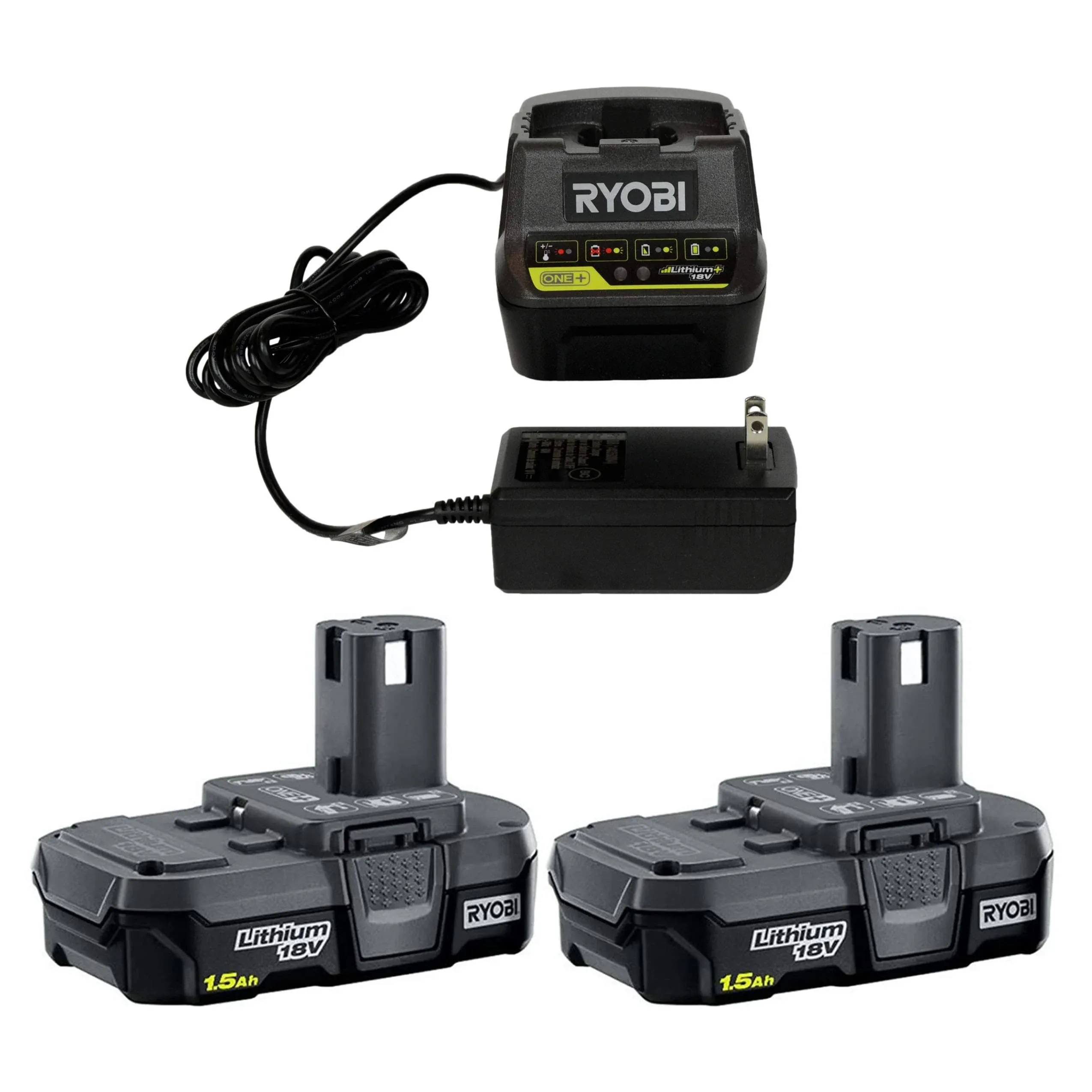 Ryobi P118B 18V Battery Charger & (2) Ryobi P189 18V 1.5 Ah Battery Packs