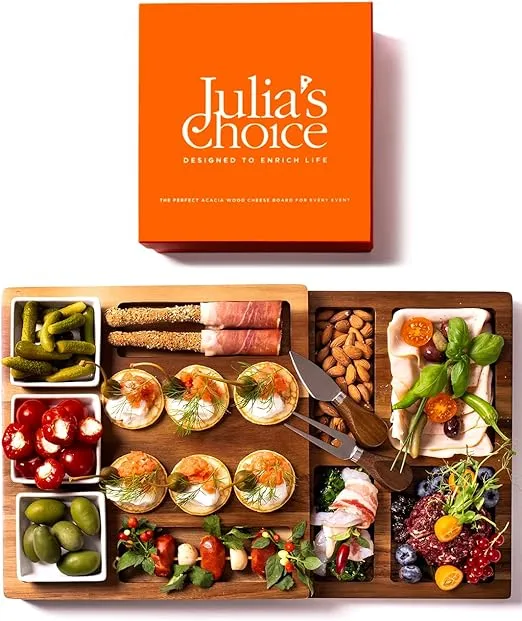 Julia's Choice Charcuterie Board Set - Cheese Board Set - Wood Serving Board – Compact Swivel Cheese Board with Knives and Bowls – Wedding Gifts - Bridal Shower Gifts - House Warming Gifts New Home