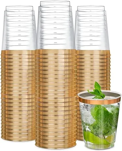 R-kay Plastic Cups, Heavy Duty 10 OZ Disposable cups, Plastic cocktail Glasses (100, Gold)