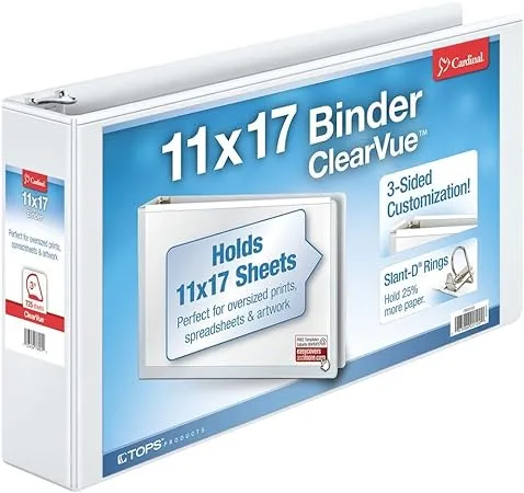 Cardinal® Slant-D® Ring 11" x 17" Tabloid ClearVue™ Binders, 3" Rings, 63% Recycled, White