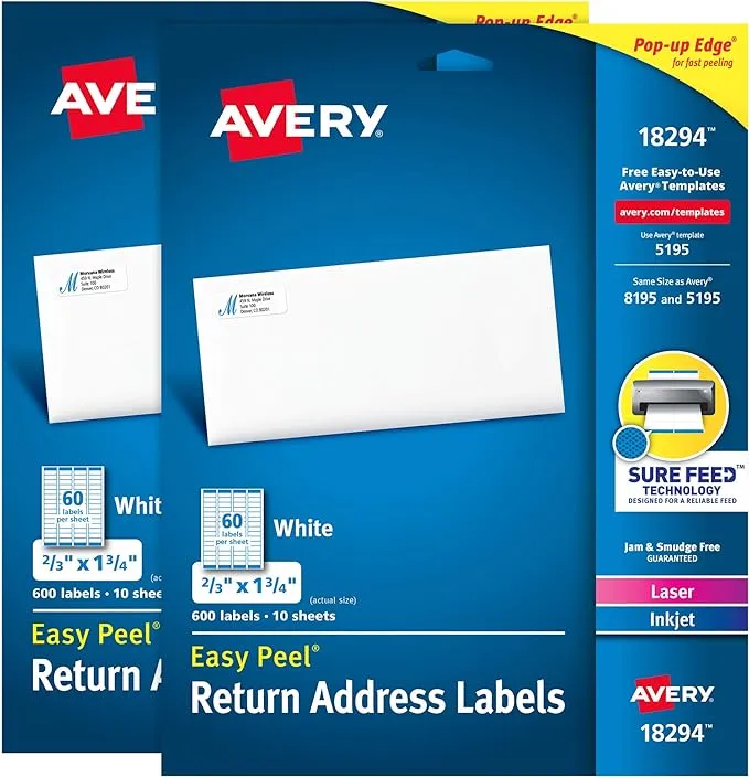 Avery Easy Peel Address Labels, Sure Feed, Permanent, White, 2/3" x 1-3/4", 2 Pack, 1,200 Labels Total (32133)