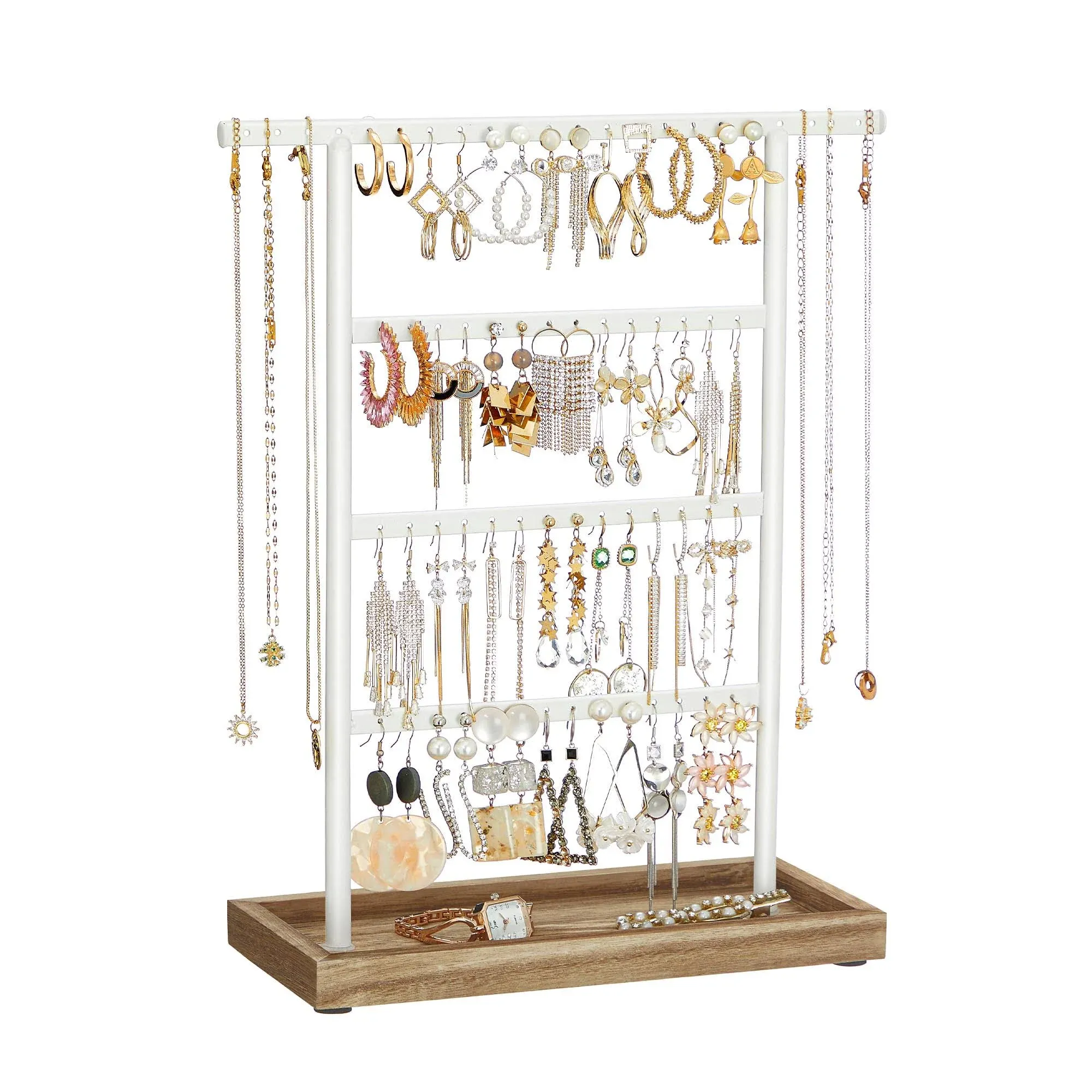 SONGMICS Jewelry Stand, 4-Tier Jewelry Holder Organizer with Tray, Wood Base, for ...