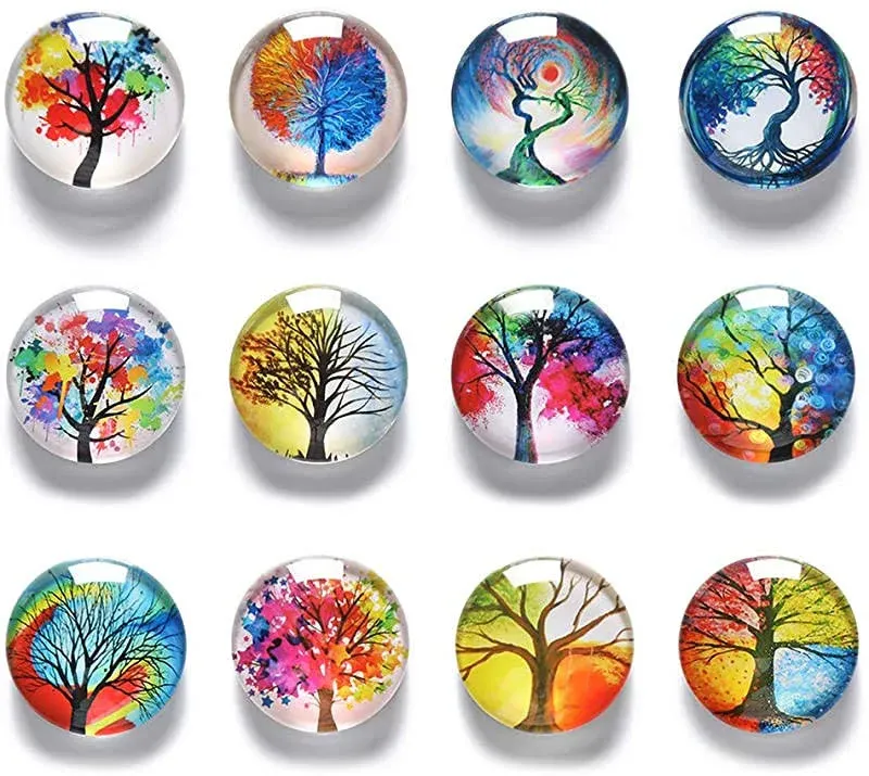 12Pcs Glass Strong Magnetic Refrigerator Magnet Fridge Sticker - Round Life Tree Glass Fridge Decoration, Office Whiteboard Magnet For Cabinet , Dishwasher , Cabinet And Locker