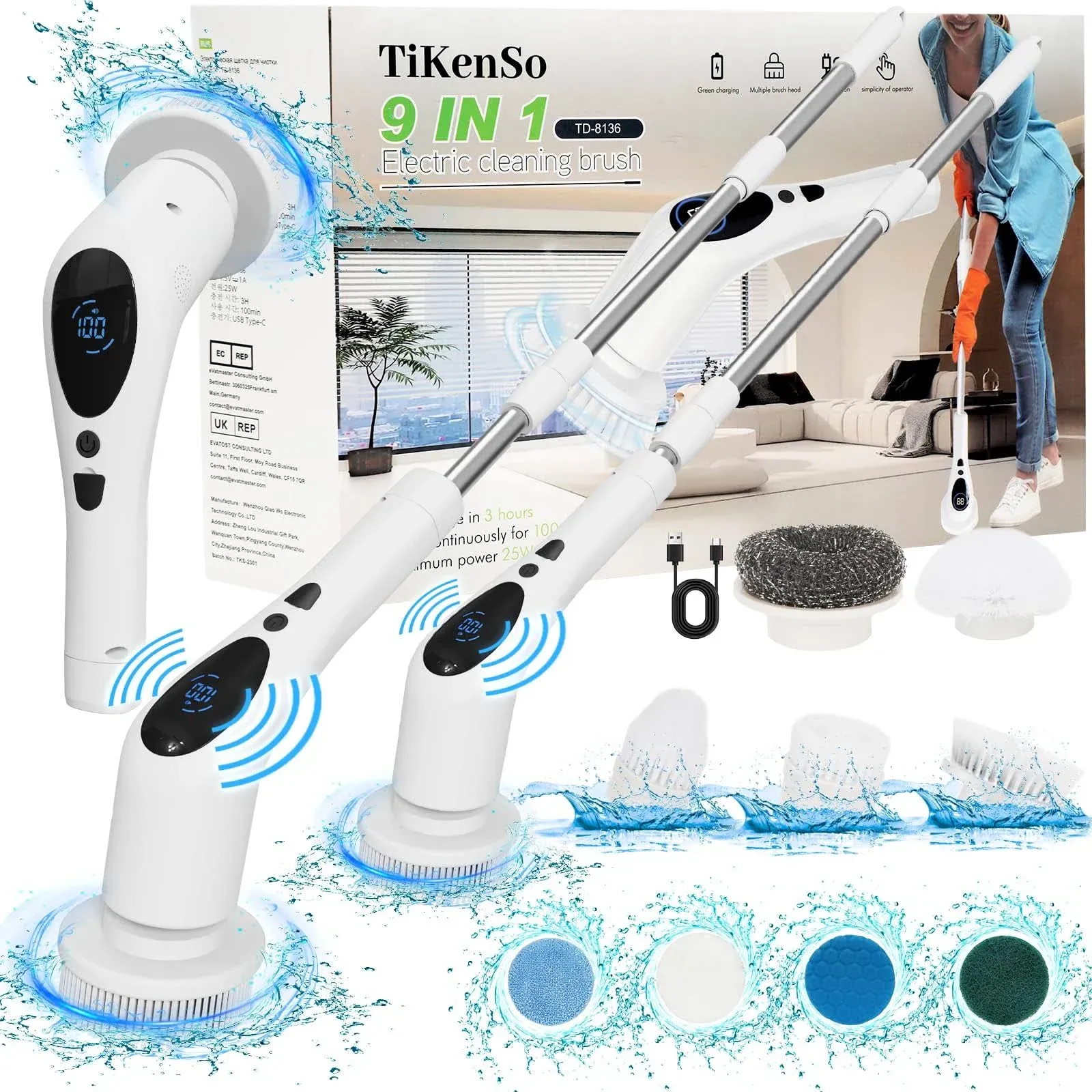 TiKenSo Electric Spin Scrubber, Digital Electric Scrubber TD-8136 - WHITE