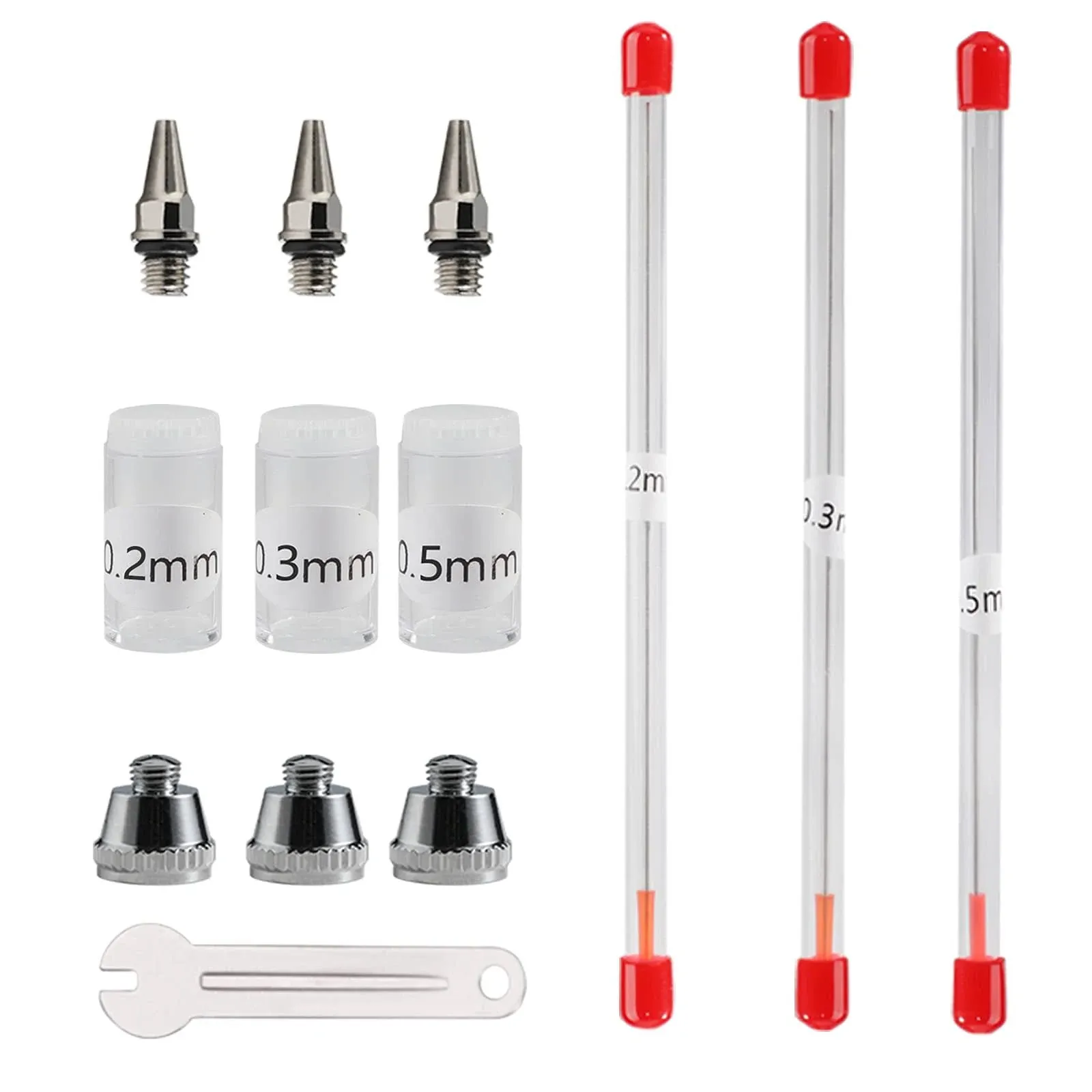 SAGUD Airbrush Nozzle Needle Cap 0.2mm 0.3mm 0.5mm Replacement Accessories Parts with Wrench for Air Brush Spray Gun Kit