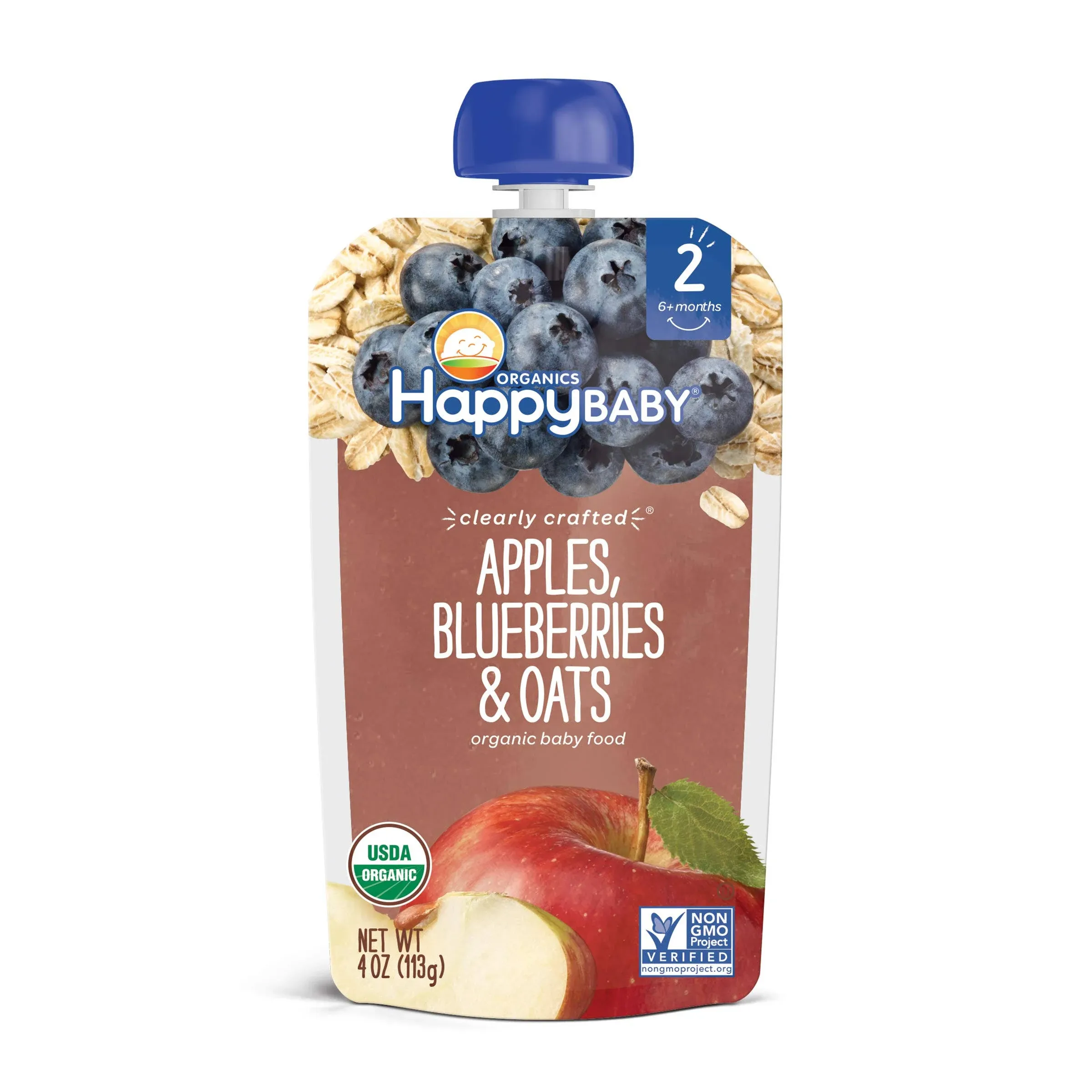 Happy Baby Stage 2 Clearly Crafted Organic Baby Food, Apples Blueberries and Oats - 4 oz pouch