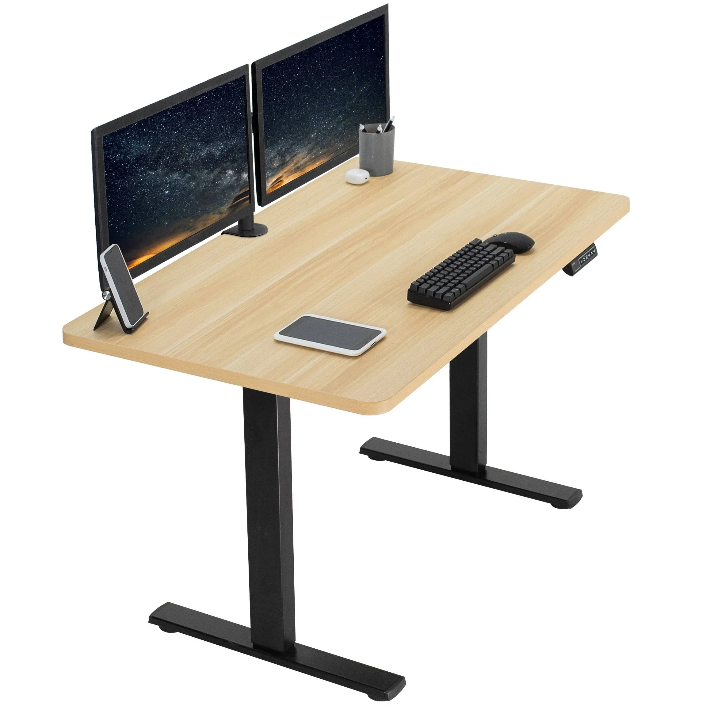 Vivo Electric 48" x 30" Stand Up Desk, Light Wood Table Top, Black Frame