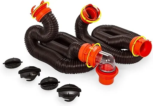 Camco RhinoFLEX 20’ Camper/RV Sewer Hose Kit | Clear Elbow w/ Removable 4-in-1 Adapter & Pre-Attached Swivel Bayonet and Lug Fittings | Sections Compress for RV Storage and Organization (39742)