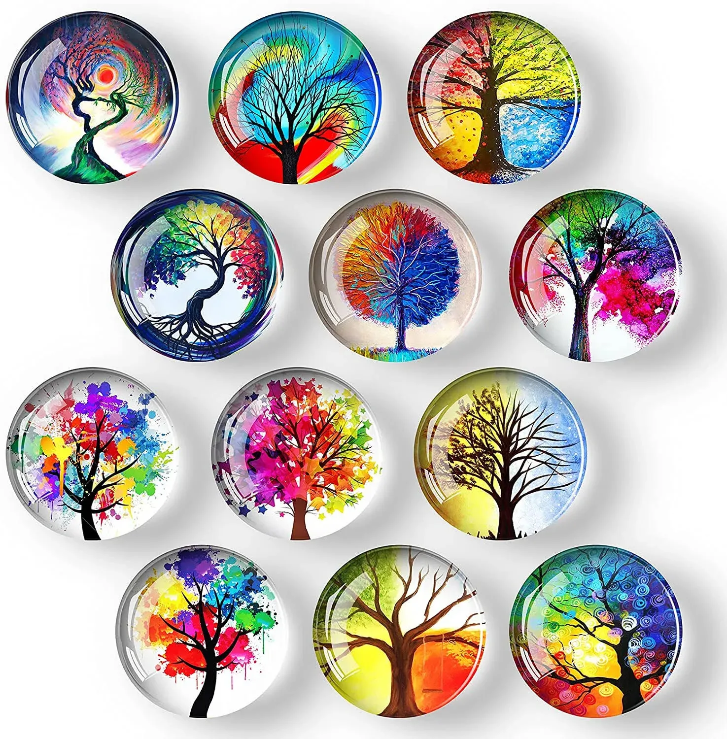 12Pcs Glass Strong Magnetic Refrigerator Magnet Fridge Sticker - Round Life Tree Glass Fridge Decoration, Office Whiteboard Magnet For Cabinet , Dishwasher , Cabinet And Locker