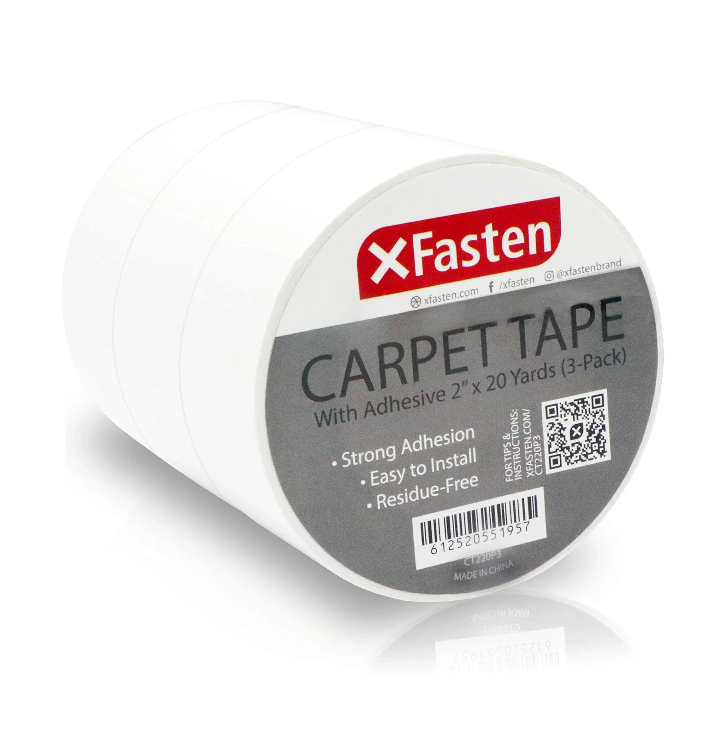 XFasten Double Sided Carpet Tape - 2” x 20yd (3-Pk) Bulk Double Sided Rug Tape for Carpet, Indoor Outdoor Carpet Tape for Area Rugs over Carpet, Strong Adhesion Carpet Binding Tape for Hardwood Floors