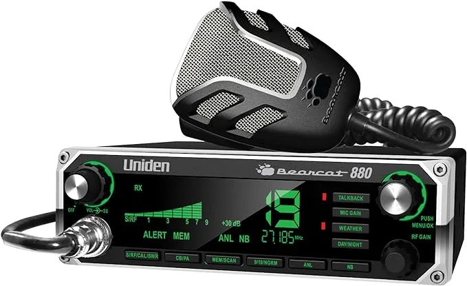 Uniden BEARCAT 880 CB Radio with 40 Channels and Large Easy-to-Read 7-Color LCD Display with Backlighting, Backlit Control Knobs/Buttons, NOAA Weather Alert, PA/CB Switch, and Wireless Mic Compatible