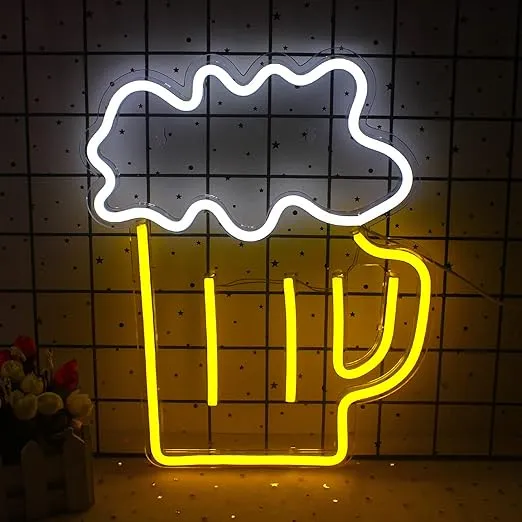 LUCUNSTAR Beer Neon Signs Beer Shape LED Signs Bar Neon Light Yellow White Neon Led Sign Man Cave Neon Sign for Wall Decor Light up Sign USB Powered Switch for Club Beach Store Design Holiday Celebration Party Decor