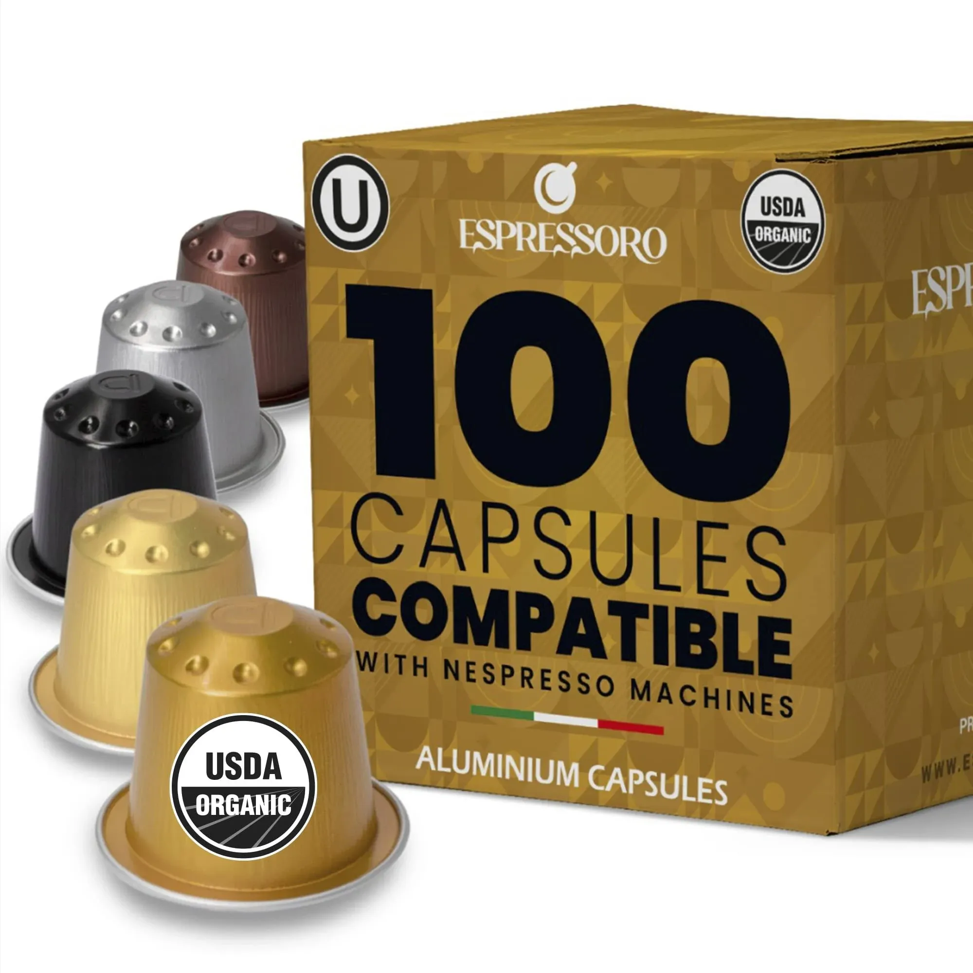 ESPRESSORO 100 USDA Organic Espresso Pods - VARIETY PACK Aluminum Capsule Compatible with Nespresso Original Lines Machines. Assorted Premium Italian Expresso Coffee Capsules