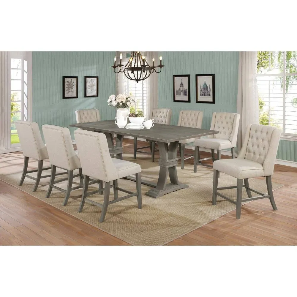 Rustic Counter-Height Gray Wood 9pc Dining Set with Beige Linen Chairs