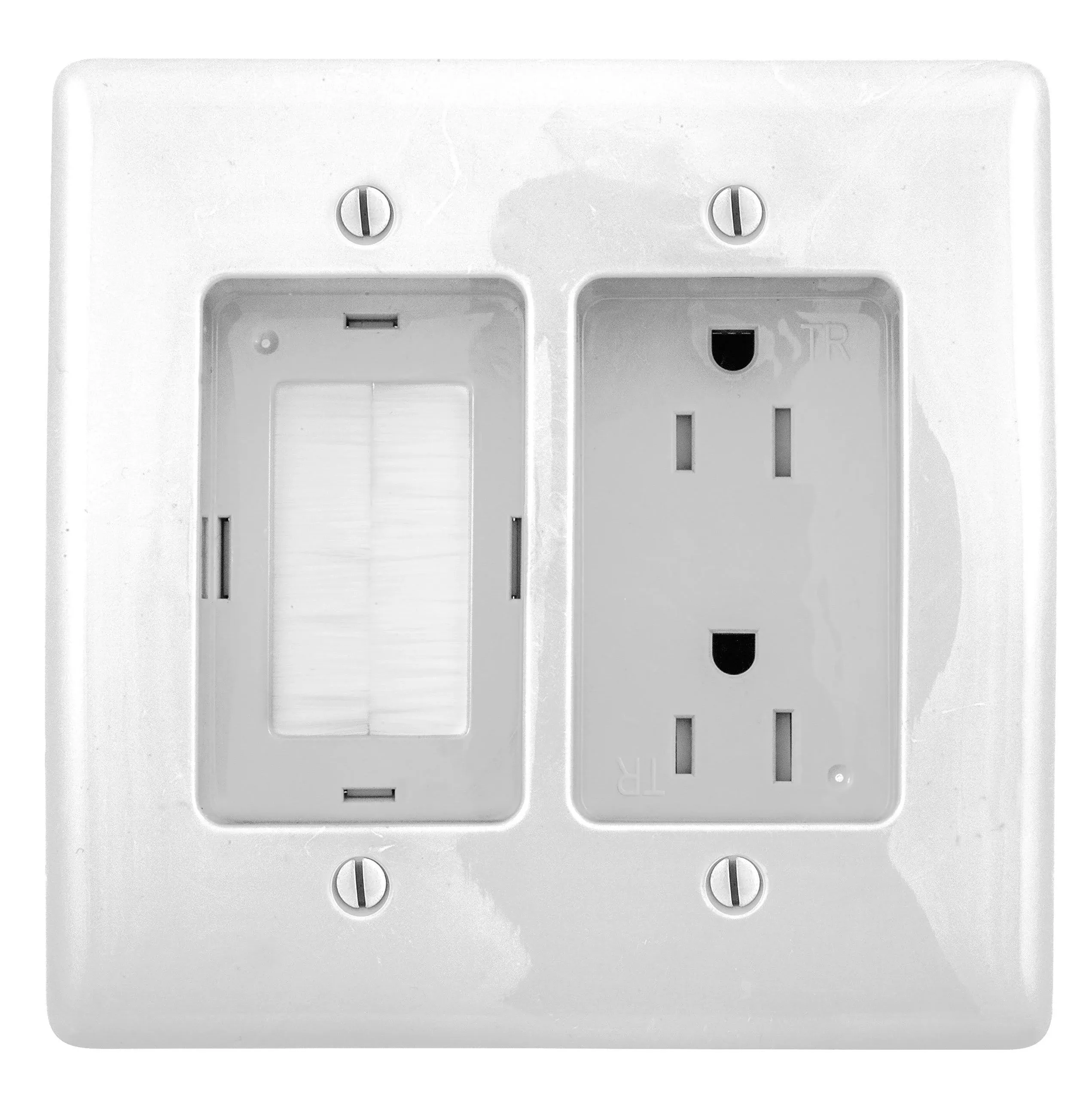 Bryant Electric RR1512W 2-Gang Recessed TV Connection Outlet Plate with 15 Amp 125V Tamper-Resistant Duplex Receptacle with One Pass-Thru Opening, White