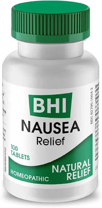 BHI Nausea Natural Relief 7 Multi-Symptom Homeopathic Active Ingredients Help Relieve Nausea, Vomiting, Bloating & Indigestion Non-Drowsy Remedy Soothes Discomfort for Women & Men - 100 Tablets