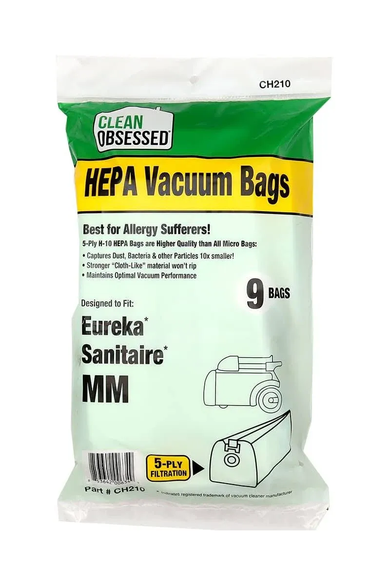 Clean Obsessed H-10 HEPA Bags Type MM Bags Replacement For Eureka Mighty Mite Models 3670, 3680 & Sanitaire Models S3680 & 3680. - 9 Cloth HEPA Bags per package