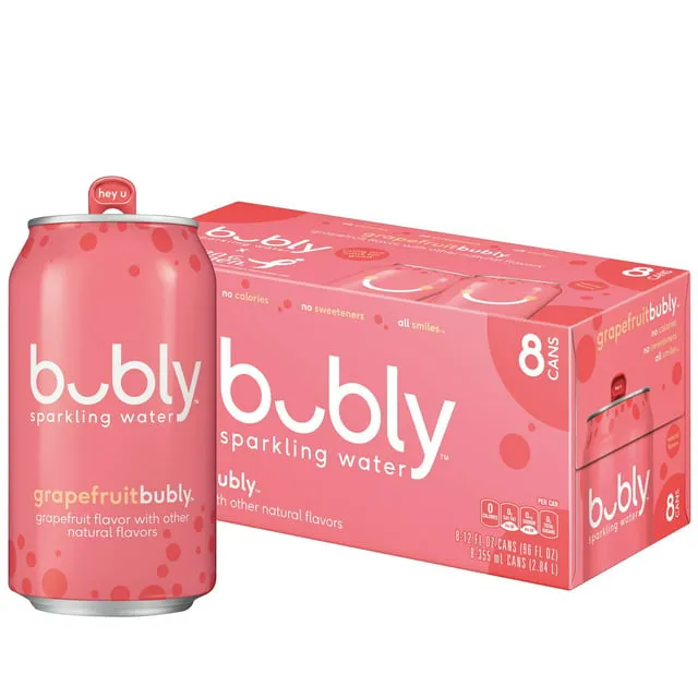 bubly Sparkling Water, Grapefruit - 8 pack, 12 fl oz cans