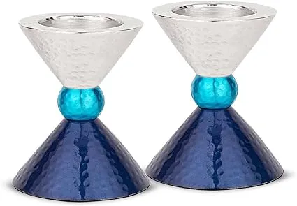 Zion Judaica Modern Tealight Candles or Thick Tapered Shabbat Candlestick Holders Set - Anodized Metal Blue Tones & Silver Candle Holder for Passover, Bat Mitzvah, Valentine's Day