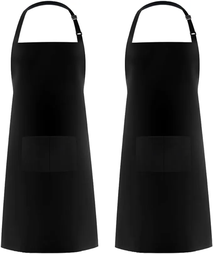 Syntus 2 Pack Adjustable Bib Apron Waterdrop Resistant with 2 Pockets Cooking Kitchen Aprons for Women Men Chef, Black