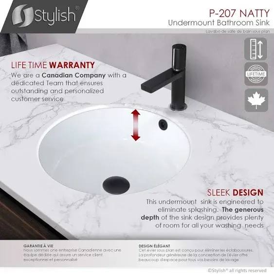 STYLISH - 16 inch Round Undermount Ceramic Bathroom Sink with 2 Overflow Finishes