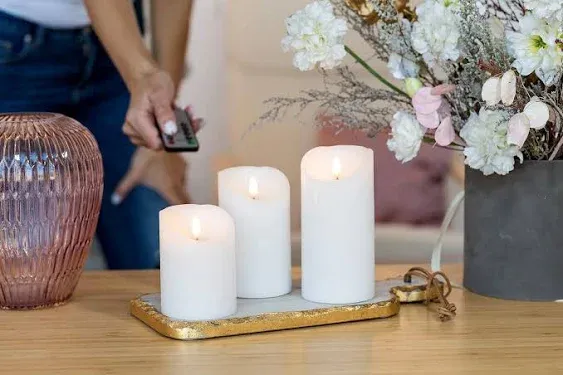 VENTA Set of 3 Realistic Flameless White LED Candles with Remote Control - 4'' 5'' 6'' Electric Wickless Pillar Battery Operated Candles with Flickering Flame Timer