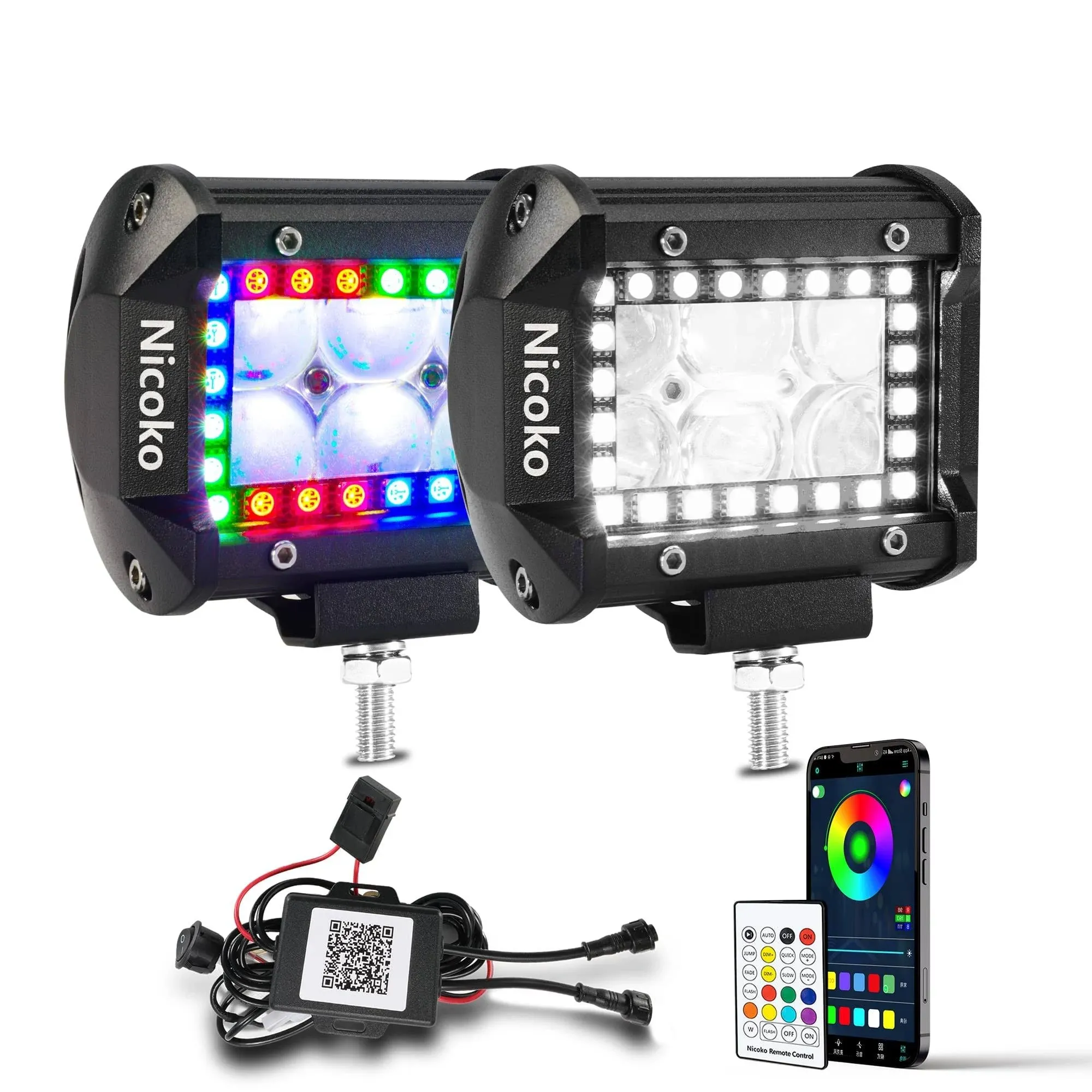 RGB Led Pods 2 Pcs 4Inch 18W 3600LM Multicolor Spot Chase Lights App&amp;Remote Cont