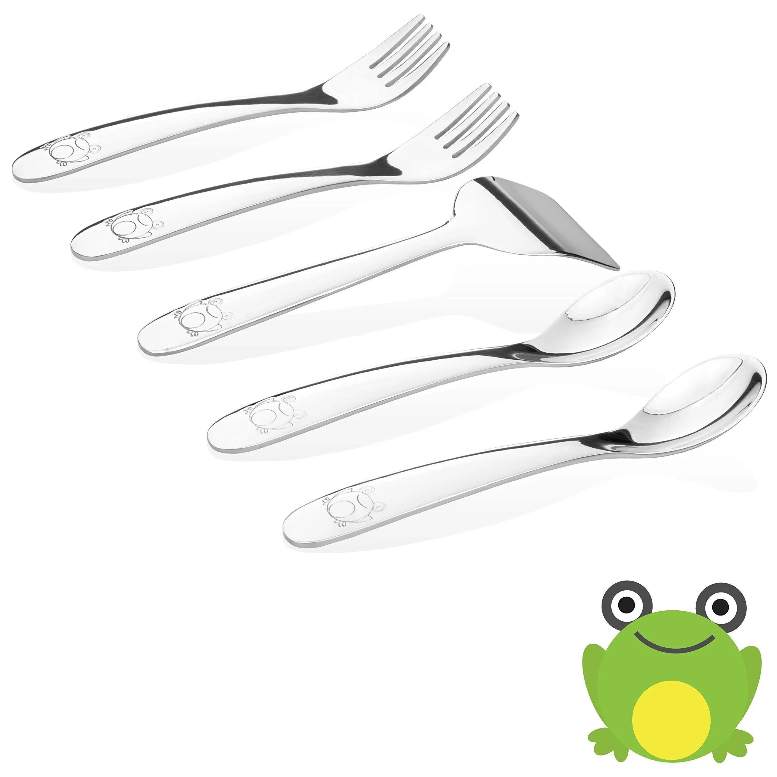 Kiddobloom Baby Stainless Steel Utensil Set, Frog Model, 5pc Set (2 Baby Spoons ...