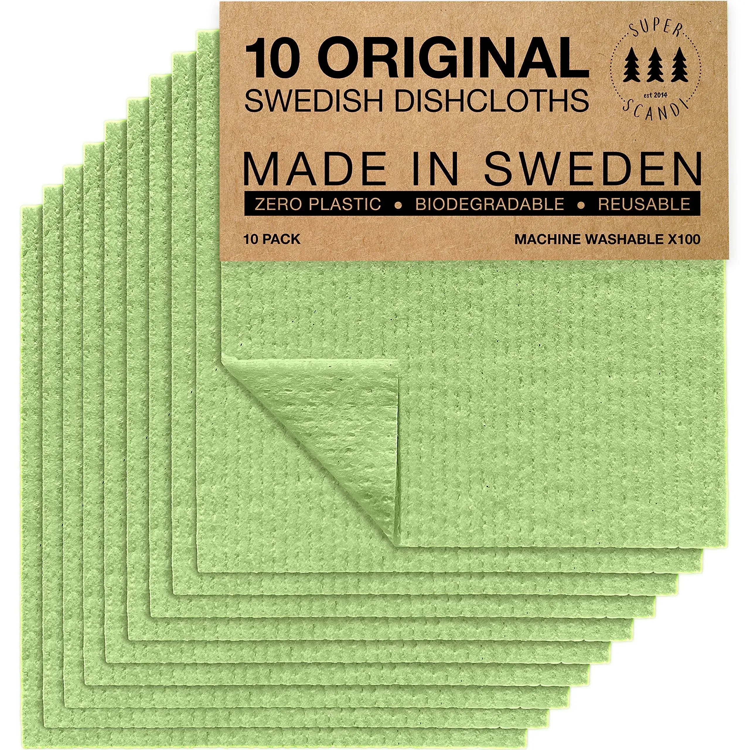 SUPERSCANDI 10 Pack Apple Green Swedish Dishcloths for Kitchen Reusable Compostable Towels Made in Sweden Cellulose Sponge Swedish Dish Cloths