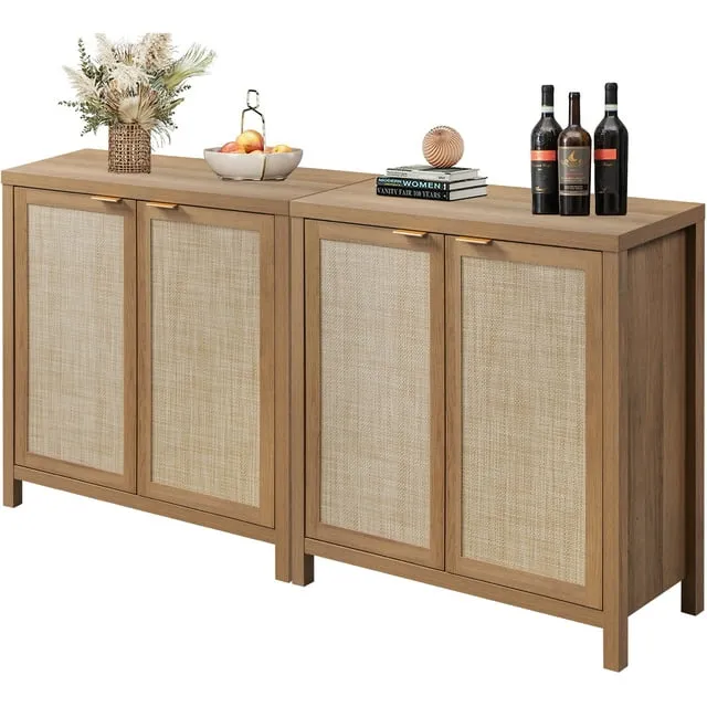 Boowill Sideboard Buffet Cabinet, Kitchen Storage Cabinet with Rattan Decorated Doors, Liquor Cabinet, Dining Room, Hallway, Cupboard Console Table, Accent Cabinet(Set of 2,Boho, Farmhouse)