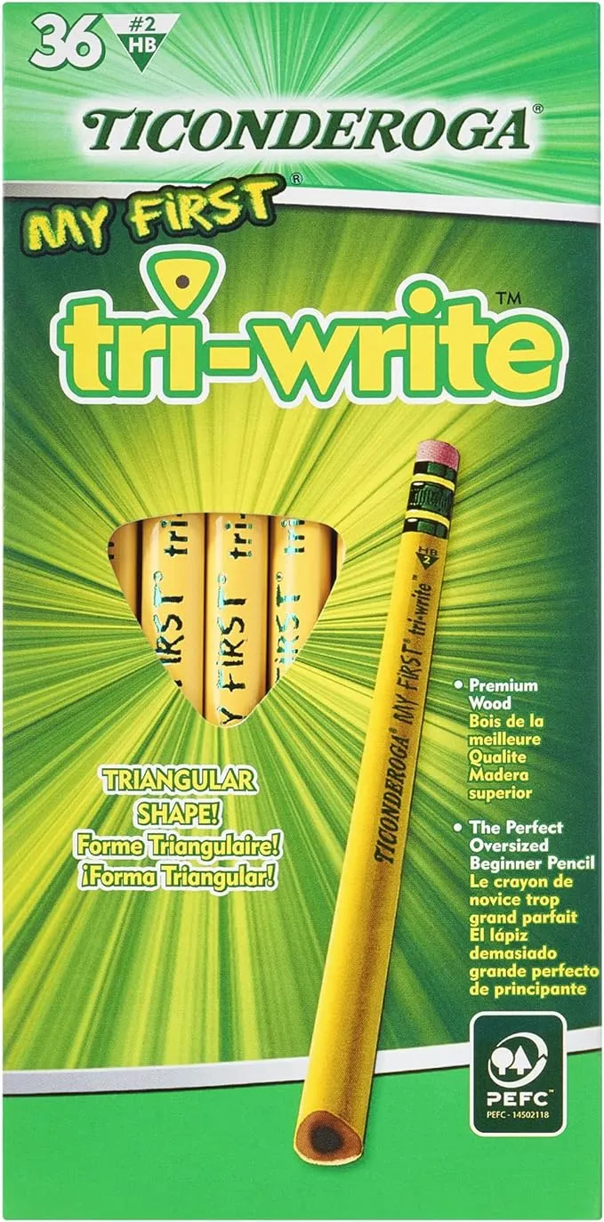 Ticonderoga My First Tri-Write Pencils without Eraser, Primary Size Wood-Cased #2 HB Soft, Yellow (13084) (Pack of 6, 216 Count Total)