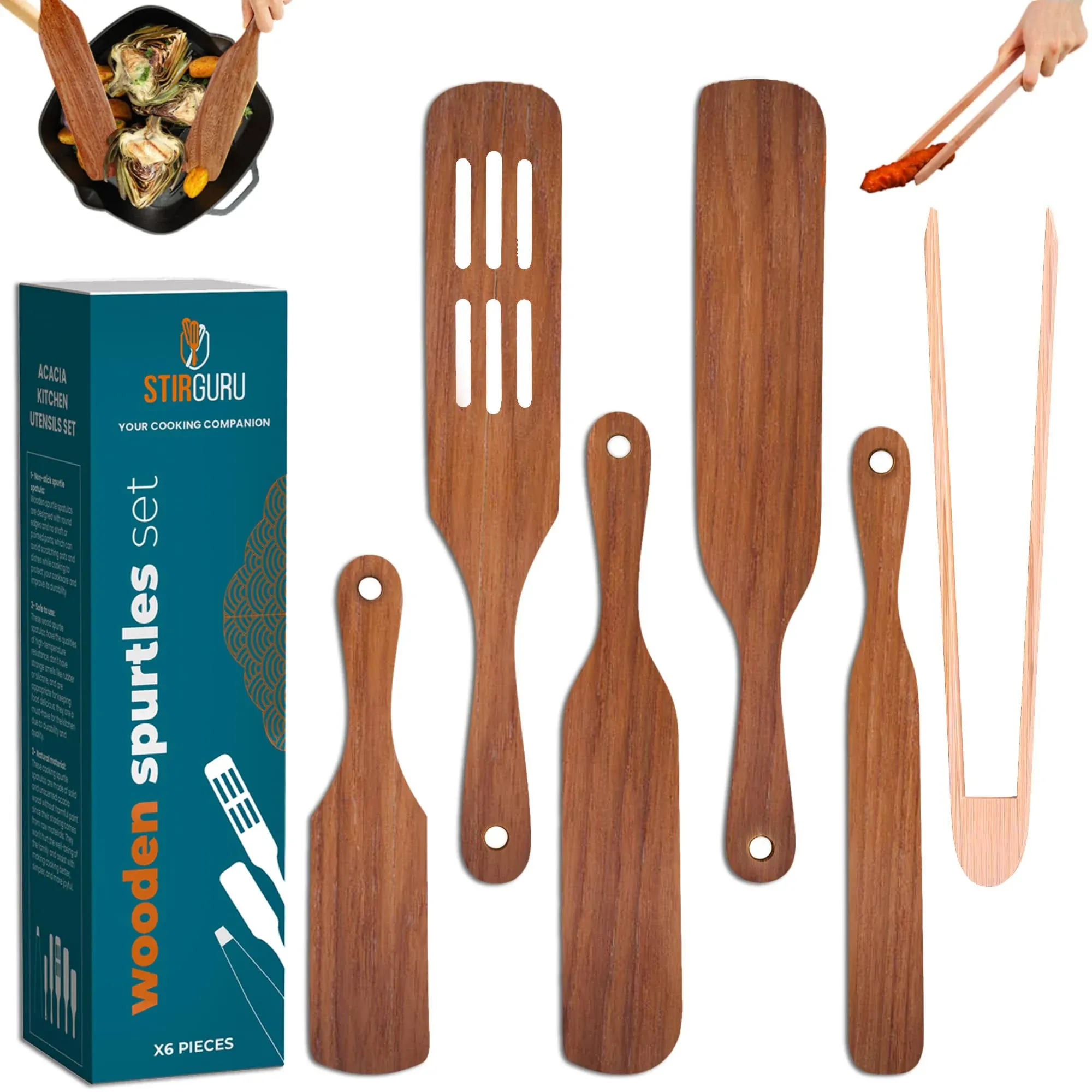 Stirguru Set of 5 Wooden Spurtle Set + 1 Toaster Tong to Stir and Serve Like A ...