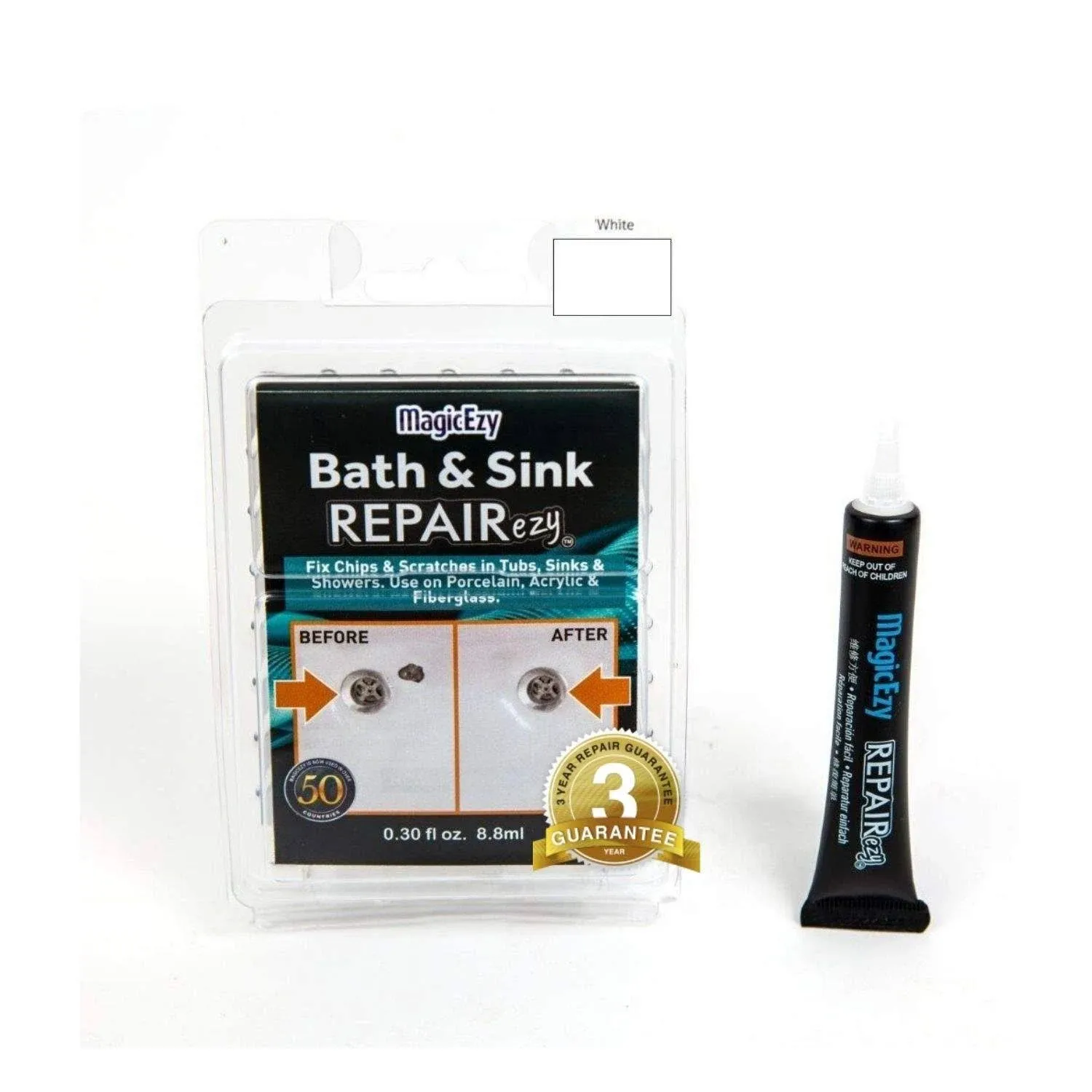 MagicEzy Bath & Sink RepairEzy - (White) - Porcelain Bath Repair Kit - Easy Bathtub Chip Repair - Enamel Sink Chip Repair - Fiberglass Shower Repair -Bathroom Crack Filler