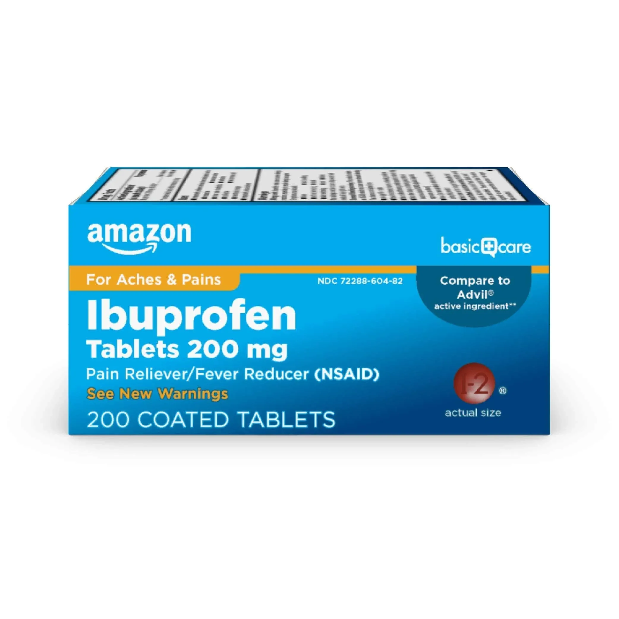 Amazon Basic Care Ibuprofen Tablets, Fever Reducer and Pain Relief from Body Aches, Headache, Arthritis and more, Brown, 200 Count