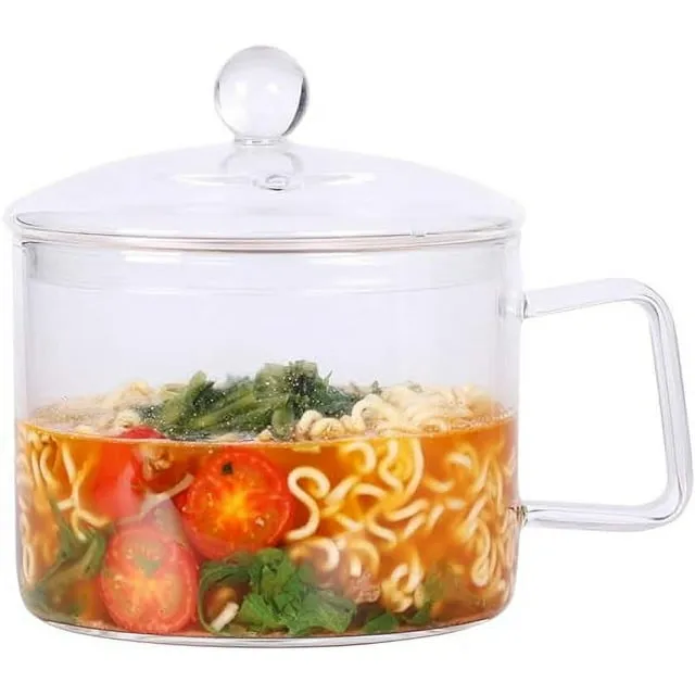 Mini Glass pot , 1.4L/44FL OZ Heat-resistant  Glass Bowl with Lid and Handle Glass Pan for Noodles, Pasta, Soup, Cereals, Fruits, BPA Free, Microwave Dishwasher Oven