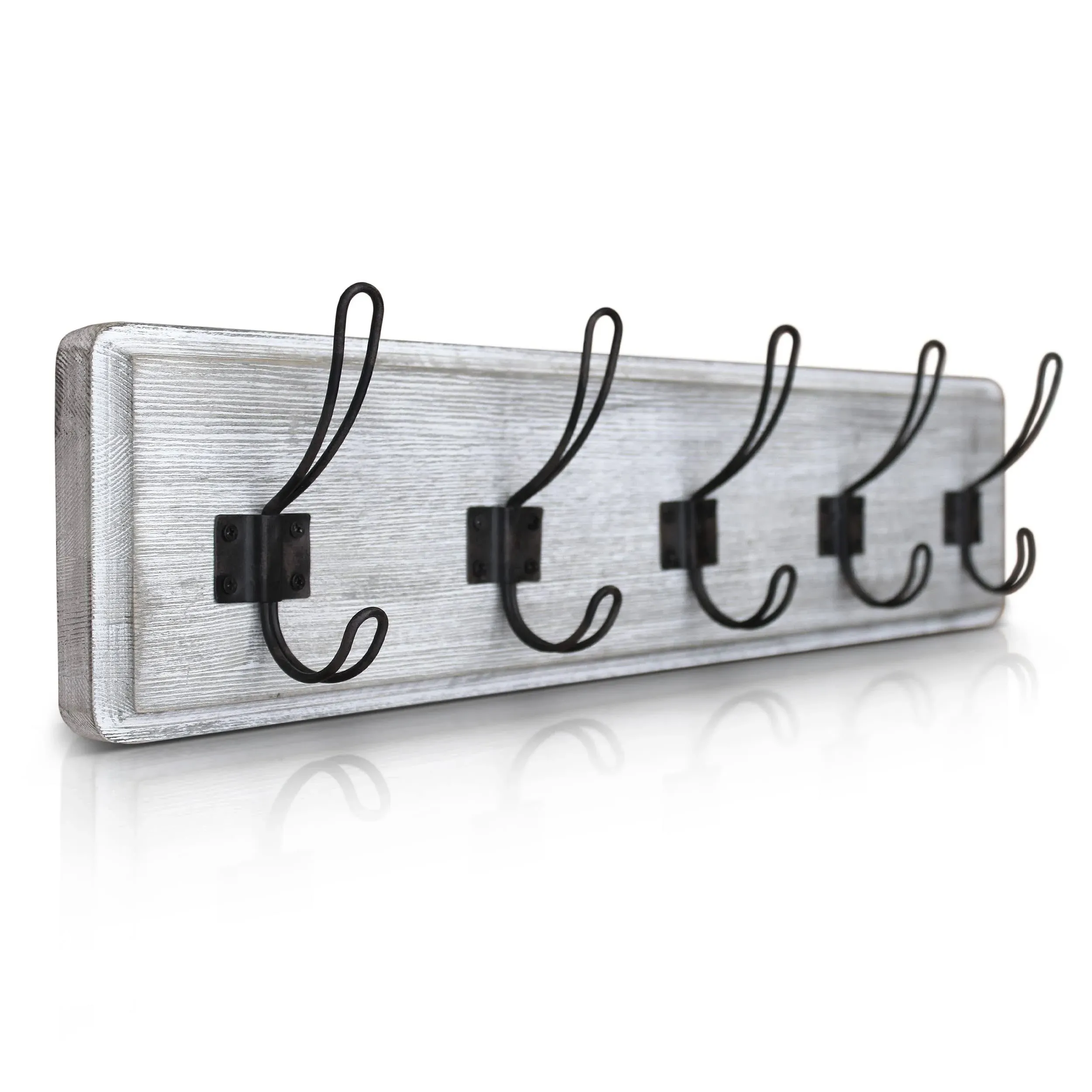 Rustic Coat Rack with 5 Hooks - Whitewash Wall Mounted 24&#034; Coat Rack - Solid Pin