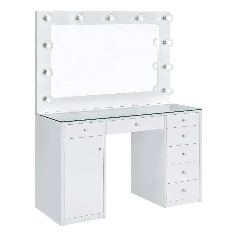 MAKLAINE 61" H x 46" W Modern Wood & Glass Vanity Desk with Clear Tempered Glass Top, 7 Spacious Drawers with Crystal-Like Acrylic Knob, Vanity Mirror with 11 Glove-Style LED Bulbs, in White Finish