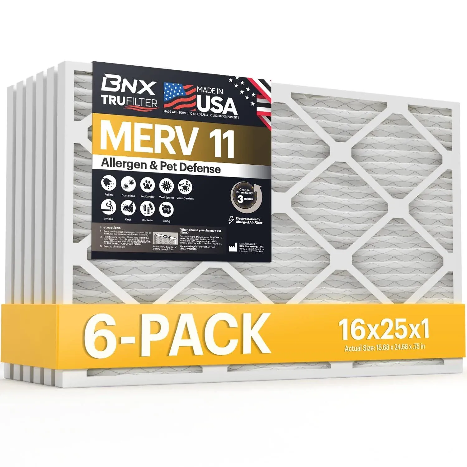 BNX TruFilter 16x25x1 Air Filter MERV 13 (6-pack) - Made in USA - Electrostatic Pleated Air Conditioner HVAC AC Furnace Filters