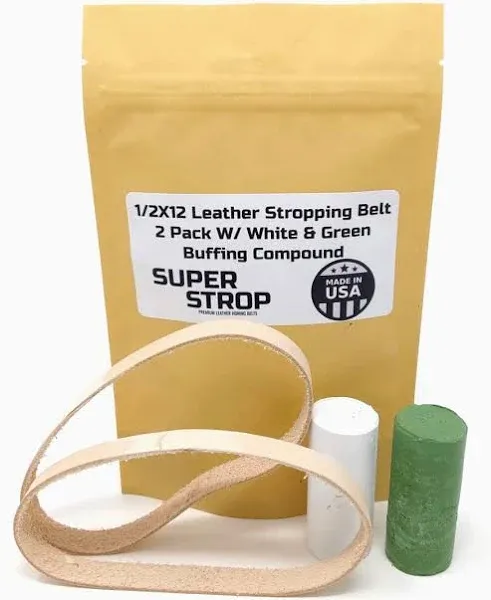 1/2X12 Inch 2 Pk Leather Honing Belts Super Strop Work Sharp Wht &amp; Grn Compound