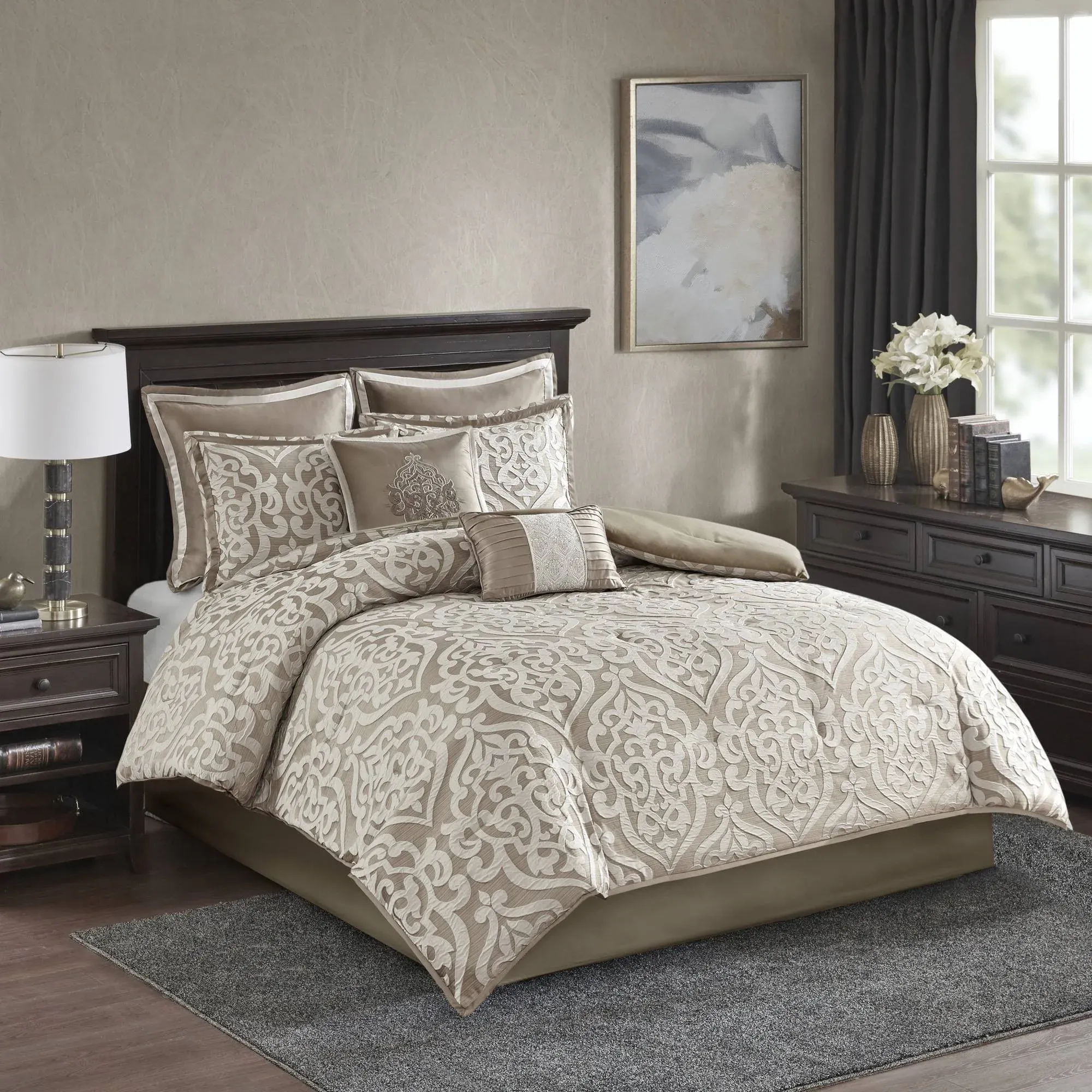 Zaida Tan Beige,Brown 8 Pc California King Comforter Set