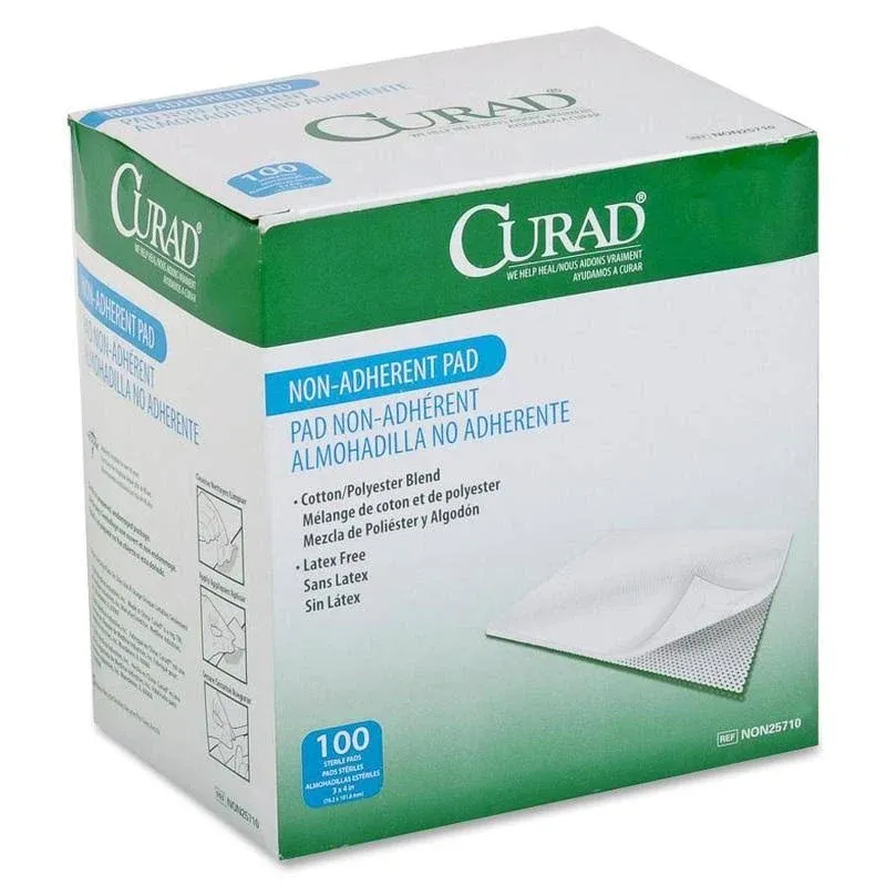 Curad Sterile Non-Adherent Pads (Pack of 100) for gentle wound dressing and absorption without sticking