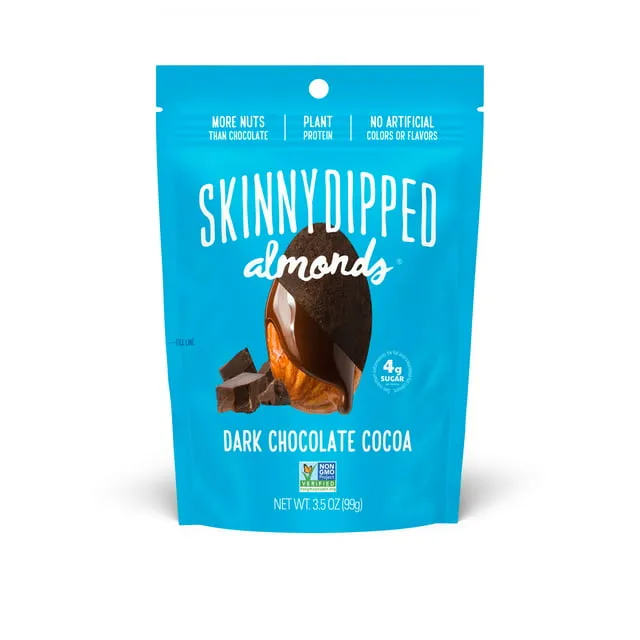 SkinnyDipped Dark Chocolate Cocoa Almonds, Healthy Snack, Plant Protein, Gluten Free, 0.46 oz Mini Bags, Pack of 24